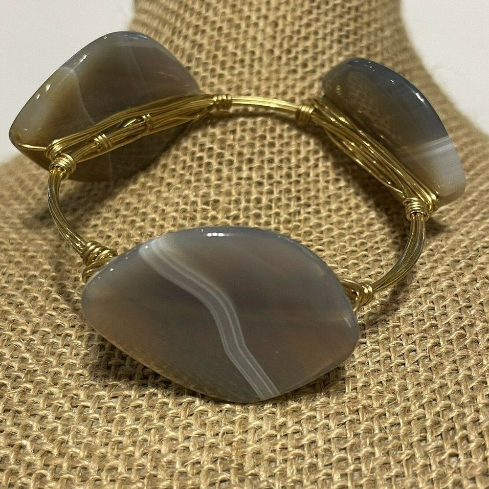 artisan crafted gray agate stone gold tone wire bracelet Boho Healing Spiritual